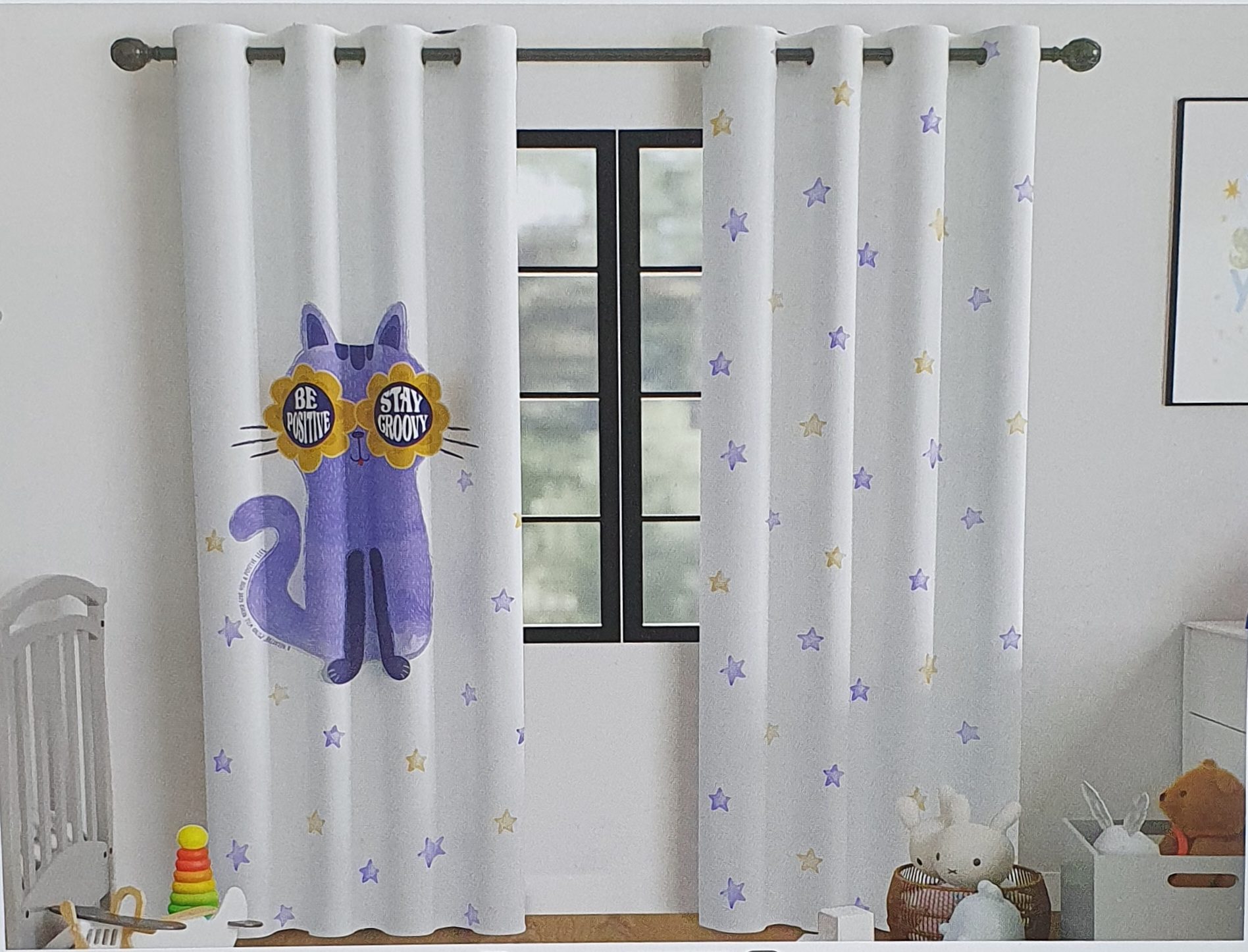 cat-linen-printed-curtain-1 پرده کتان چاپی اتاق کودک طرح گربه 1