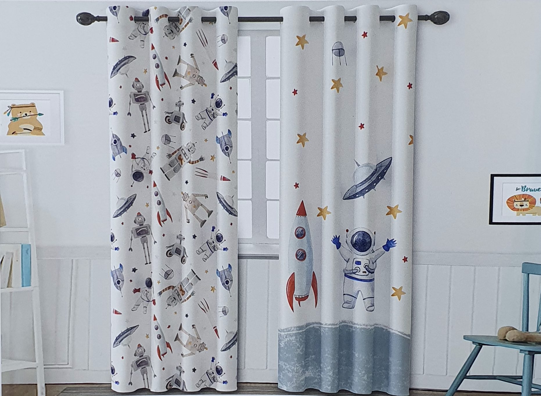 space-linen-printed-curtain-2 پرده کتان چاپی اتاق کودک طرح فضانورد 2